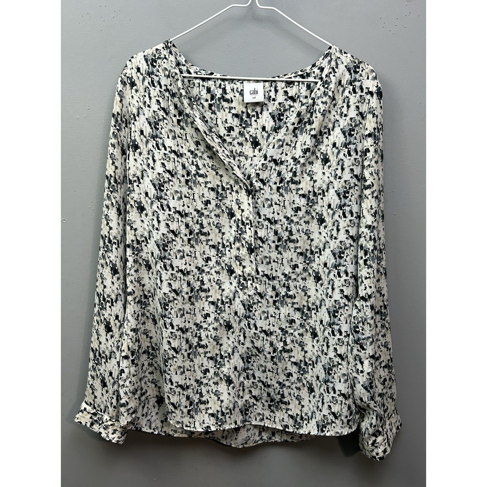 Cabi Blouse Womens Medium Black White Abstract Pixelated V-Neck Long Sleeve 3094